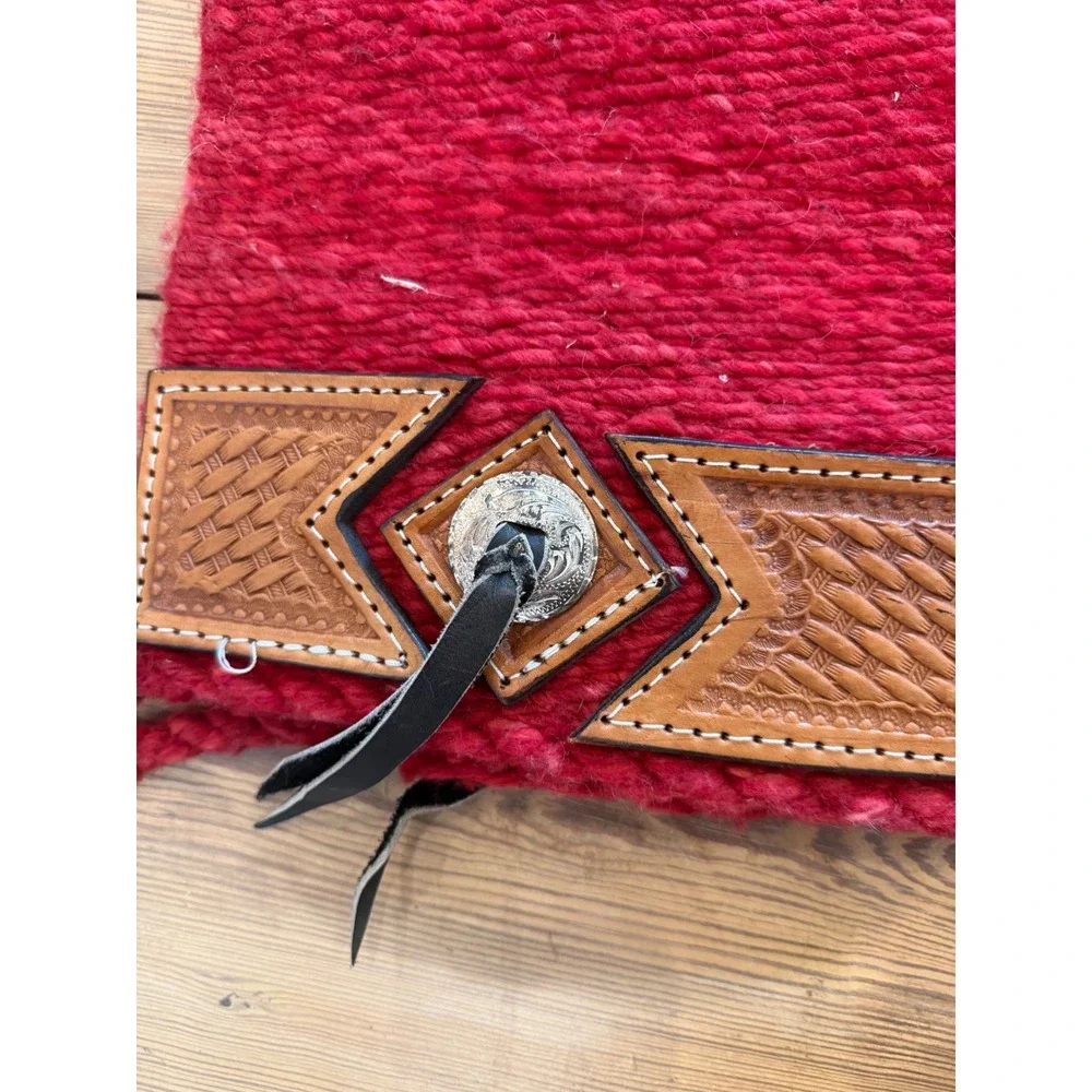 Western Wool Saddle Blanket Red Tooled Leather Wear Leathers Concho